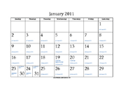 January 2011 Calendar with Jewish equivalents and holidays