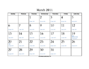 March 2011 Calendar with Jewish equivalents and holidays