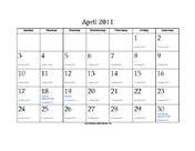 April 2011 Calendar with Jewish equivalents and holidays