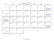 April 2013 Calendar with Jewish equivalents