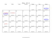 May 2014 Calendar with Jewish equivalents