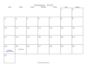 January 2016 Calendar with Jewish holidays