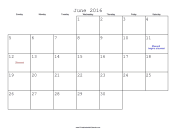 June 2016 Calendar with Jewish holidays