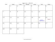 April 2019 Calendar with Jewish holidays