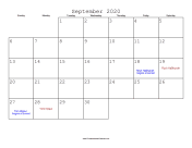 September 2020 Calendar with Jewish holidays