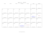 April 2022 Calendar with Jewish equivalents