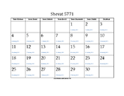 Shevat 5771 Calendar with Gregorian equivalents