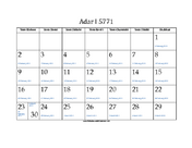 Adar_I 5771 Calendar with Jewish holidays and Gregorian equivalents