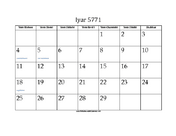 Iyar 5771 Calendar