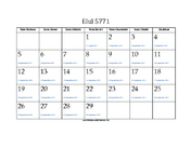 Elul 5771 Calendar with Jewish holidays and Gregorian equivalents