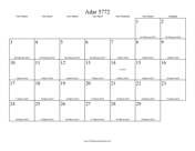 Adar II 5772 Calendar with Gregorian equivalents