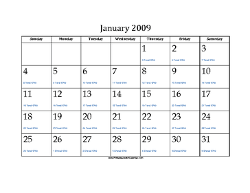 January 2009 Calendar with Jewish equivalents 