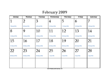 February 2009 Calendar with Jewish equivalents 