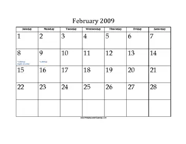 February 2009 Calendar with Jewish holidays 