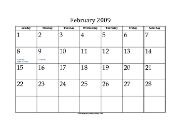 February 2009 Calendar with Jewish holidays 