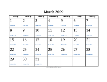 March 2009 Calendar with Jewish equivalents 