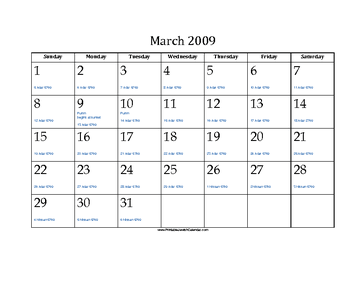 March 2009 Calendar with Jewish equivalents and holidays 