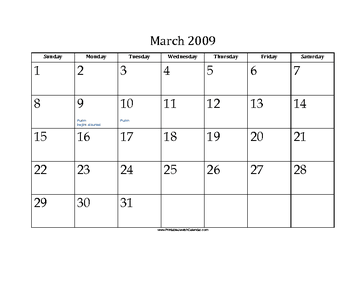 March 2009 Calendar with Jewish holidays 