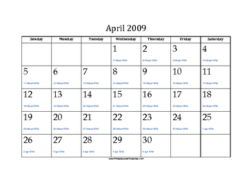 April 2009 Calendar with Jewish equivalents 