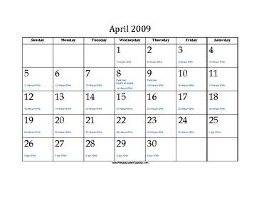 April 2009 Calendar with Jewish equivalents and holidays 