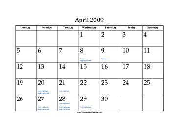 April 2009 Calendar with Jewish holidays 