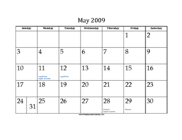 May 2009 Calendar with Jewish holidays 