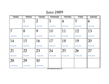 June 2009 Calendar with Jewish equivalents and holidays 
