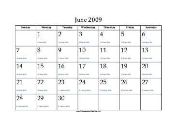 June 2009 Calendar with Jewish equivalents and holidays