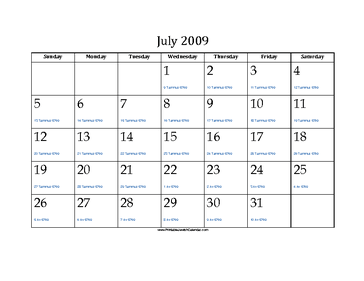 July 2009 Calendar with Jewish equivalents 
