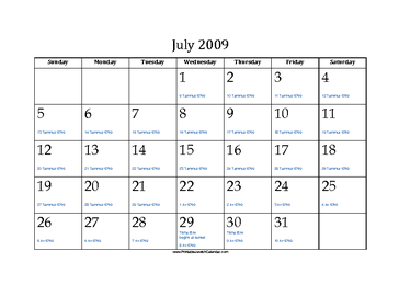 July 2009 Calendar with Jewish equivalents and holidays 