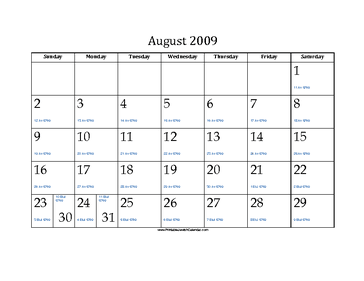 August 2009 Calendar with Jewish equivalents 