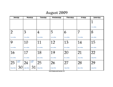 August 2009 Calendar with Jewish equivalents and holidays 