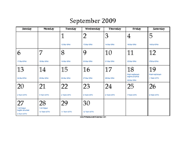 September 2009 Calendar with Jewish equivalents and holidays 