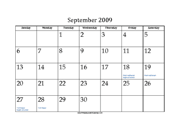 September 2009 Calendar with Jewish holidays 