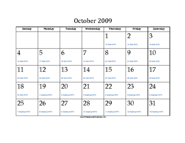 October 2009 Calendar with Jewish equivalents 