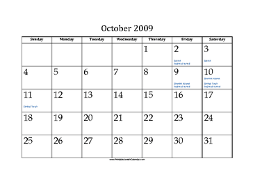 October 2009 Calendar with Jewish holidays 