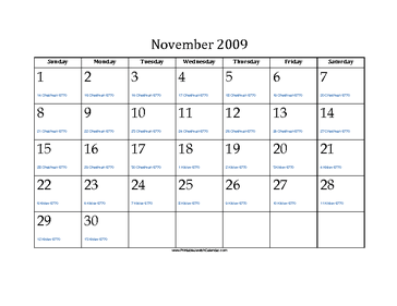 November 2009 Calendar with Jewish equivalents and holidays 