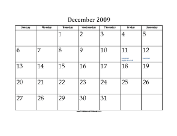 December 2009 Calendar with Jewish holidays 