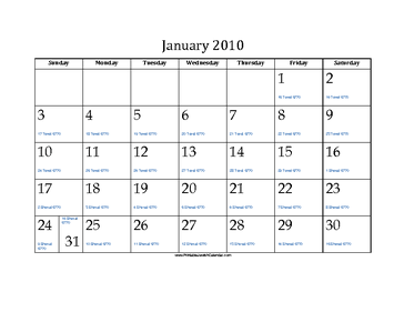 January 2010 Calendar with Jewish equivalents 