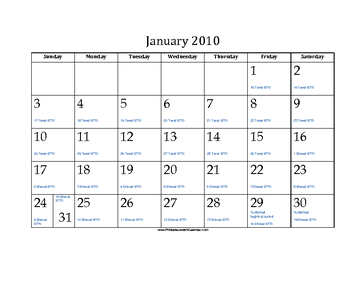 January 2010 Calendar with Jewish equivalents and holidays 