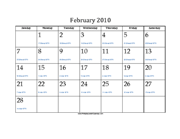 February 2010 Calendar with Jewish equivalents 