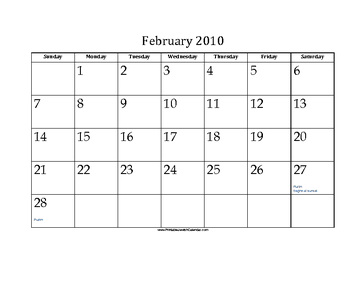 February 2010 Calendar with Jewish holidays 