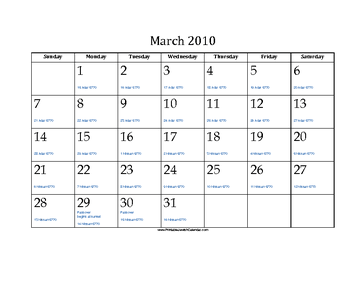 March 2010 Calendar with Jewish equivalents and holidays 