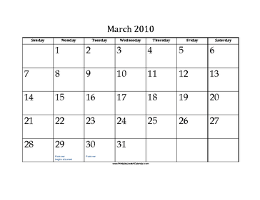 March 2010 Calendar with Jewish holidays 
