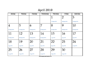 April 2010 Calendar with Jewish equivalents 