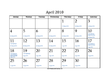 April 2010 Calendar with Jewish equivalents and holidays 