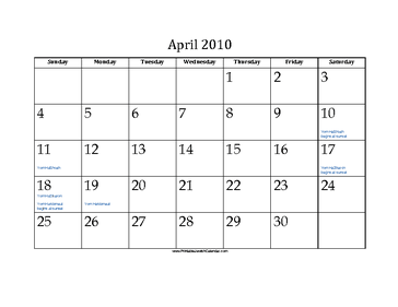 April 2010 Calendar with Jewish holidays 