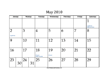 May 2010 Calendar with Jewish holidays 