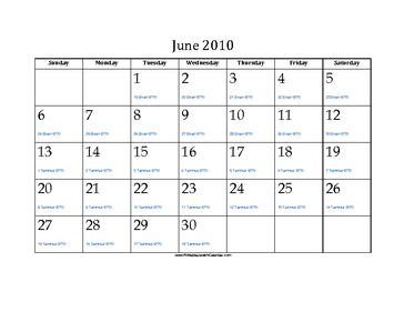 June 2010 Calendar with Jewish equivalents and holidays 