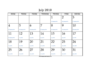 July 2010 Calendar with Jewish equivalents 